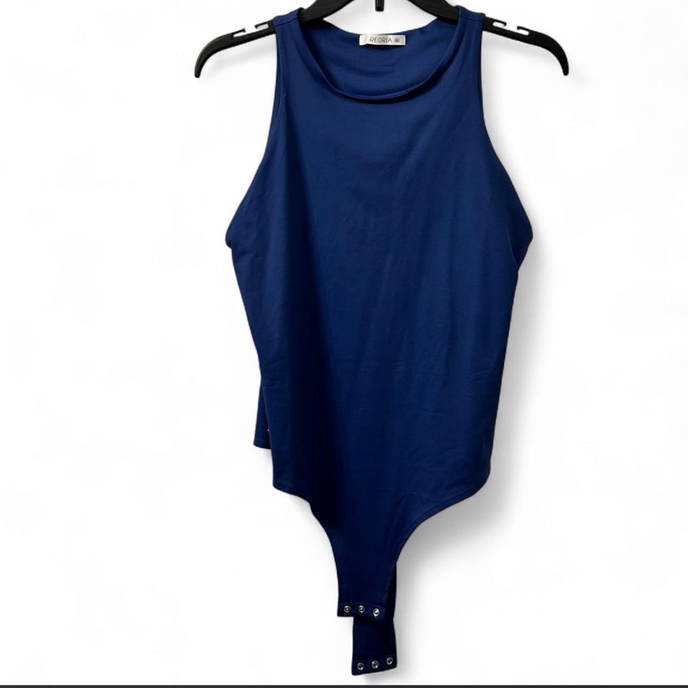 Reoria Sleeveless Colbolt Navy Blue double lined Thong Bodysuit - Picture 2 of 5